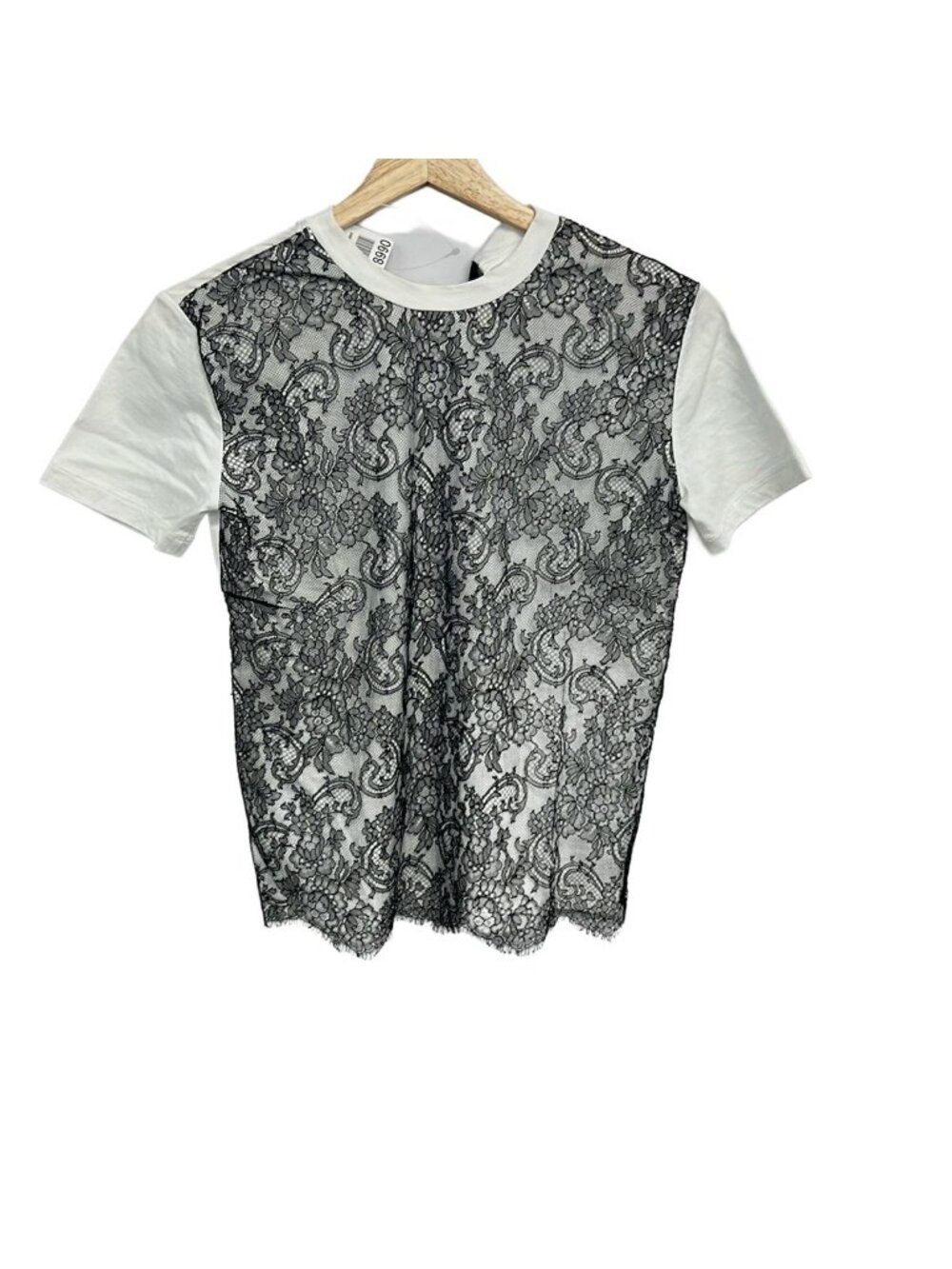 Miu Miu Short Sleeve T-Shirt White Black Crew Neck Lace XS